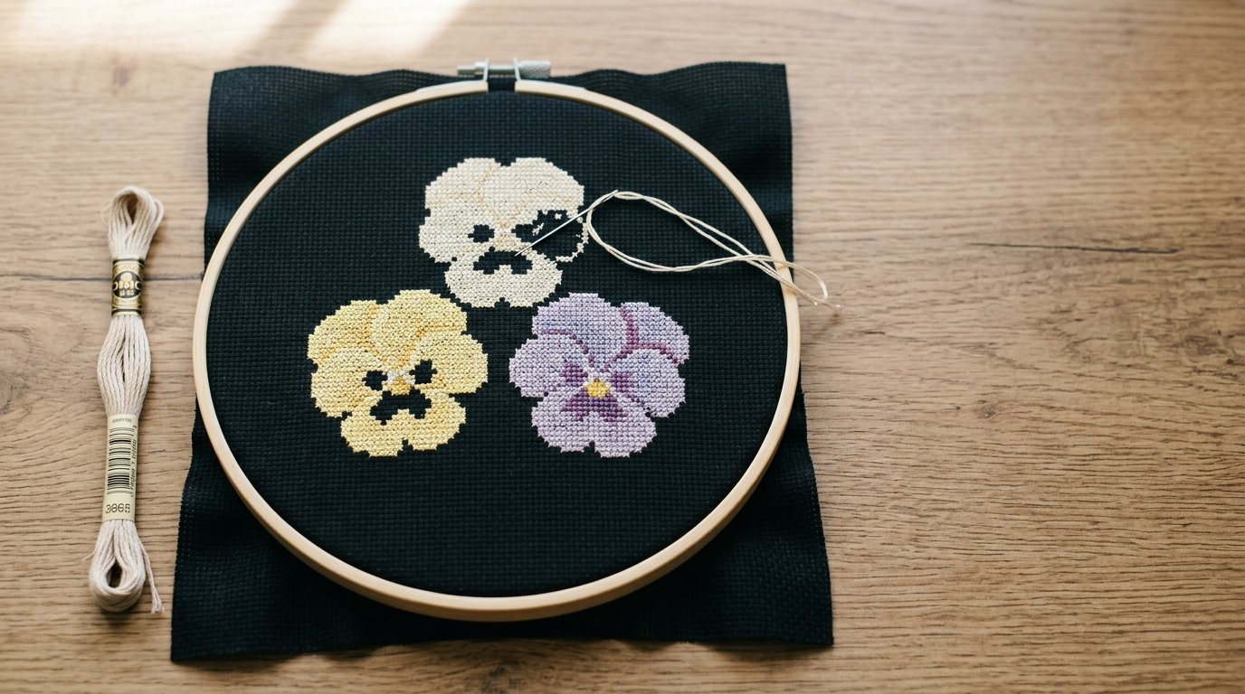 Free Cross Stitch Pattern: Pansies on Black Floral Design - Image 1